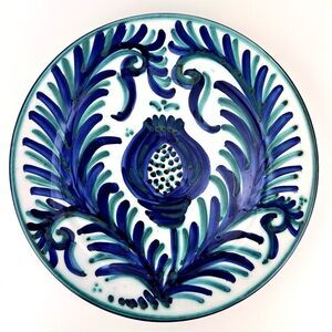 Vintage Fajalauza Hand Painted Blue Green Wall Plate Glazed Pottery Floral
